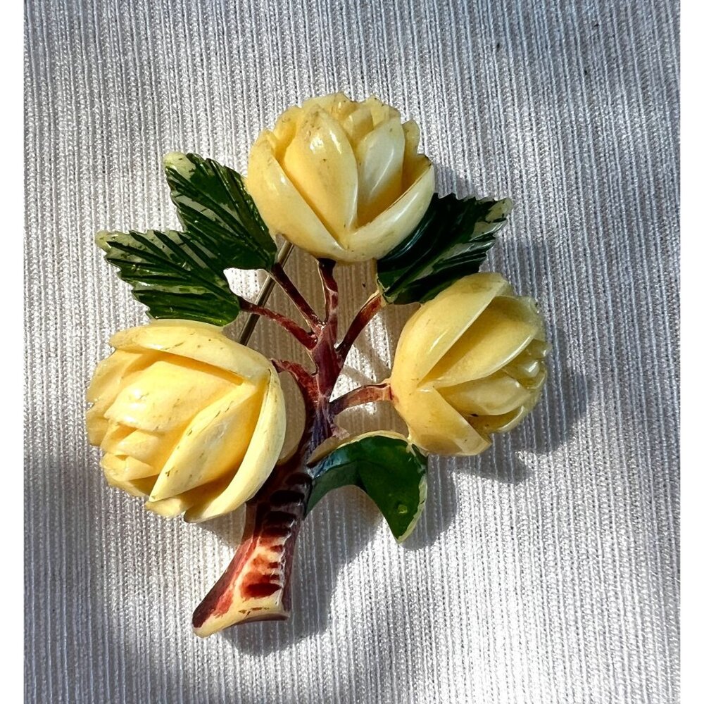 Vintage Hand-Carved Celluloid Yellow Roses Brooch Pin 1940s